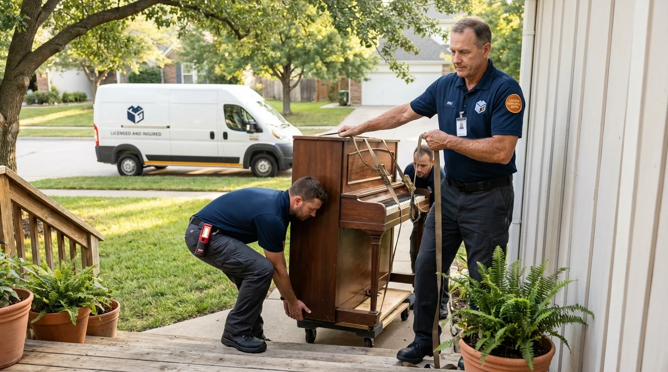 Licensed piano movers securing grand piano in Enigma, GA