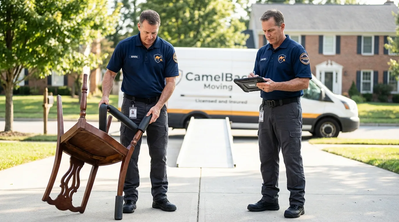 Movers inspecting furniture for damage prevention before loading in Enigma, GA