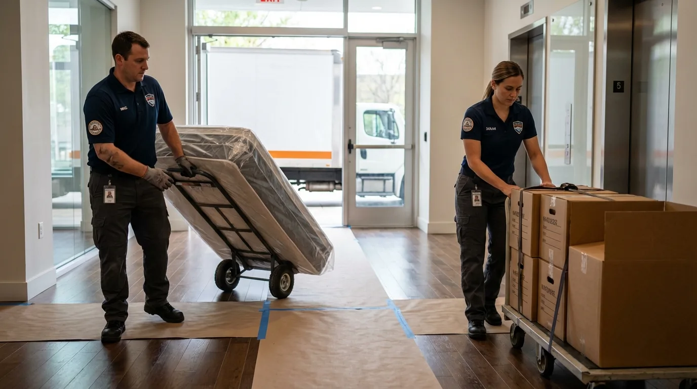 Professional apartment movers loading elevator in Enigma, GA